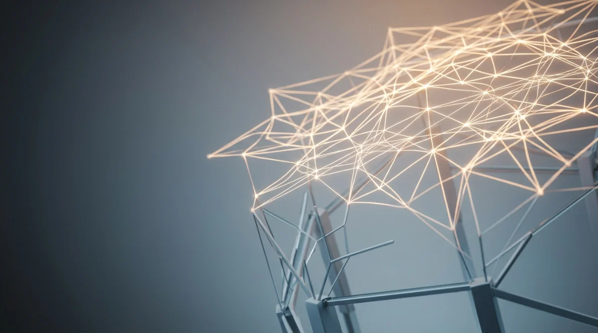 An illuminated network of connected lines on a dark background