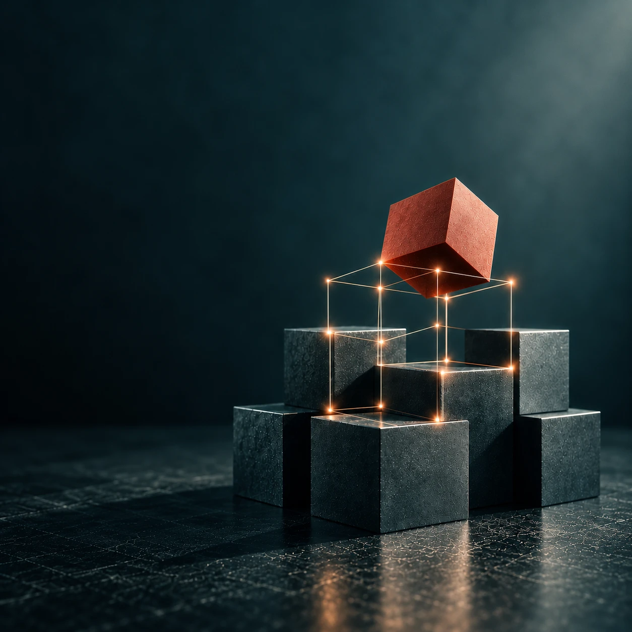 A red cube held above a group of dark grey cubes by a glowing wireframe outline